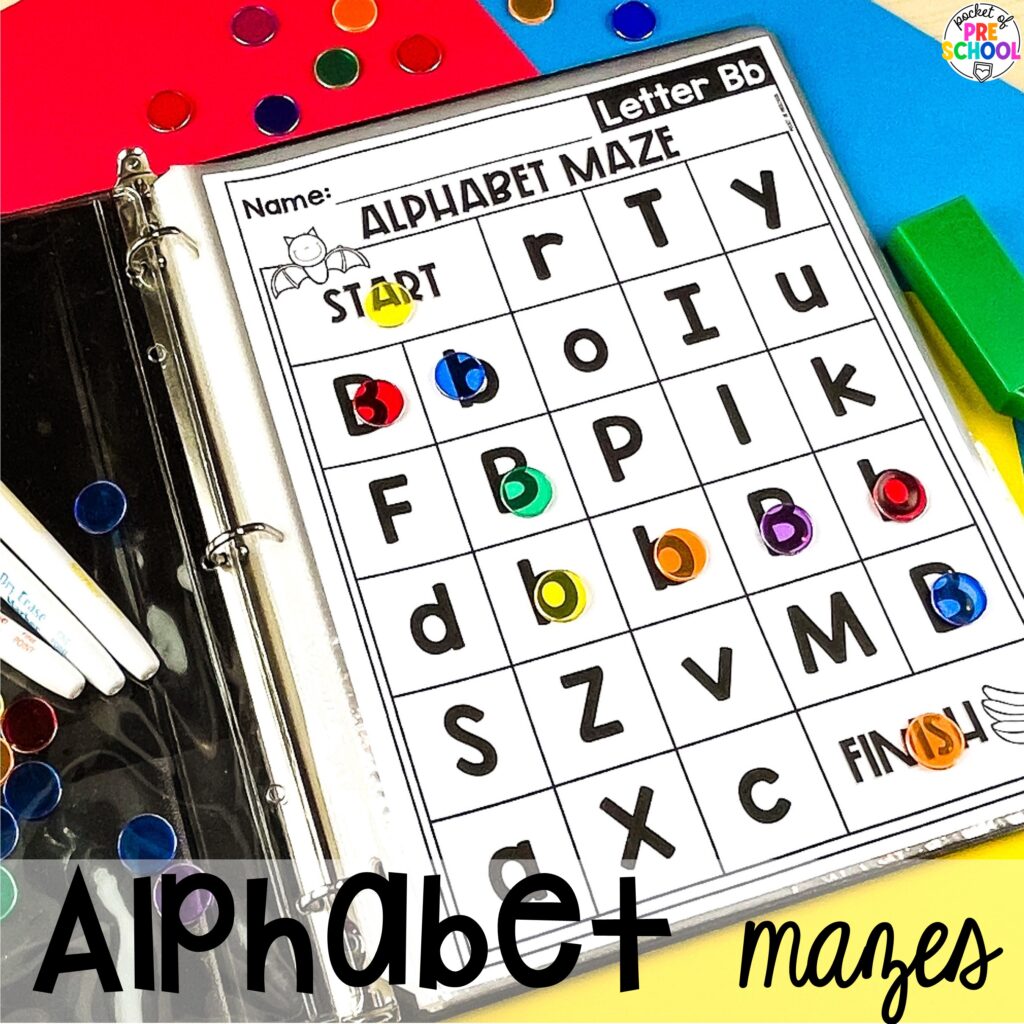 Alphabet mazes! Alphabet worksheets for preschool, pre-k, and kindergarten students to practice letter formation, letter identification, and fine motor skills.