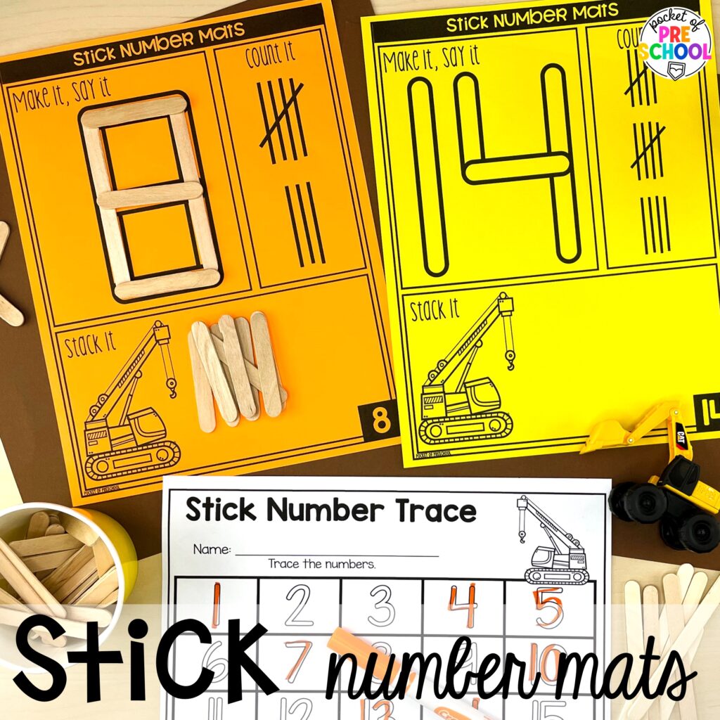 Stick number build! Number counting mats - build the number and write it! Easy way to make learning numbers and handwriting fun for preschool, pre-k, and kindergarten #counting #numbers #handwriting #preschool #prek #kindergarten