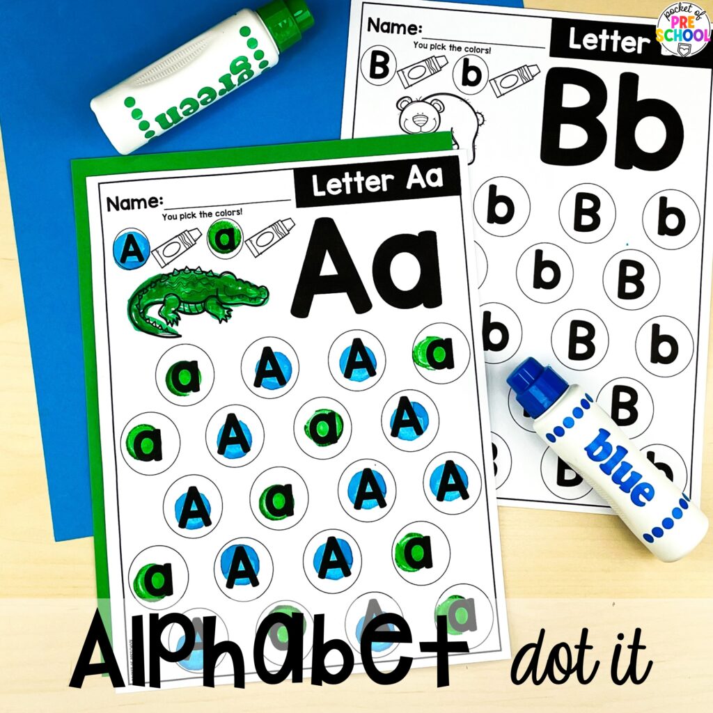 Alphabet dot it! Alphabet worksheets for preschool, pre-k, and kindergarten students to practice letter formation, letter identification, and fine motor skills.