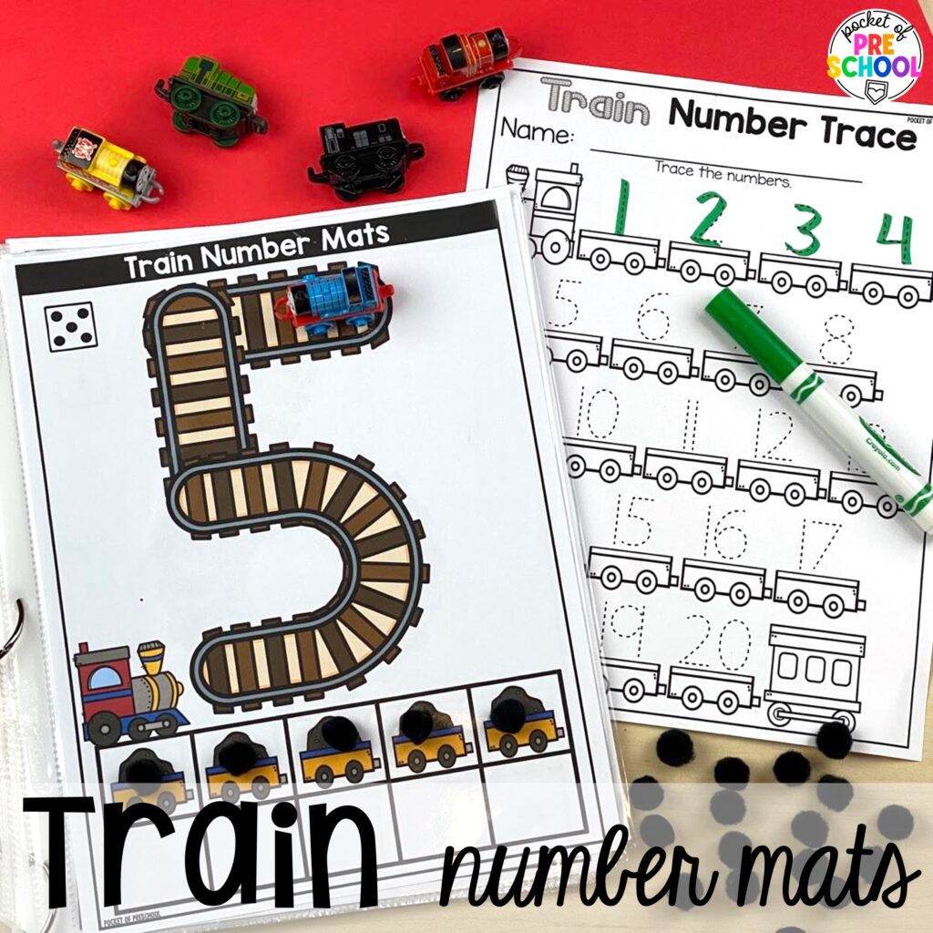 Train number build! Number counting mats - build the number and write it! Easy way to make learning numbers and handwriting fun for preschool, pre-k, and kindergarten #counting #numbers #handwriting #preschool #prek #kindergarten