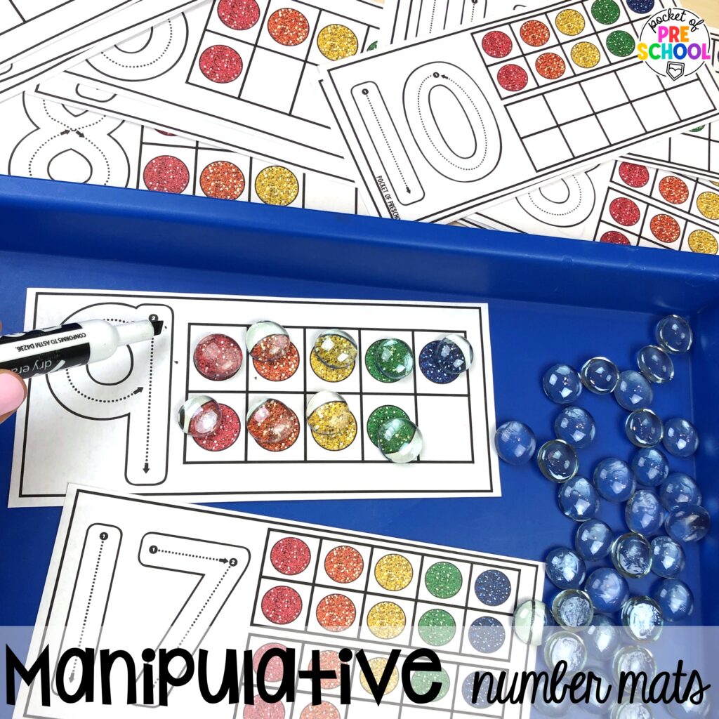 Manipulative number build! Number counting mats - build the number and write it! Easy way to make learning numbers and handwriting fun for preschool, pre-k, and kindergarten #counting #numbers #handwriting #preschool #prek #kindergarten