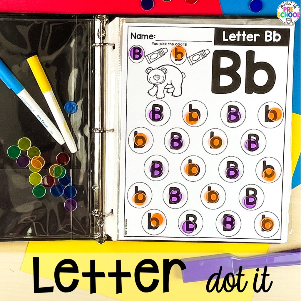 Letter dot it! Alphabet worksheets for preschool, pre-k, and kindergarten students to practice letter formation, letter identification, and fine motor skills.