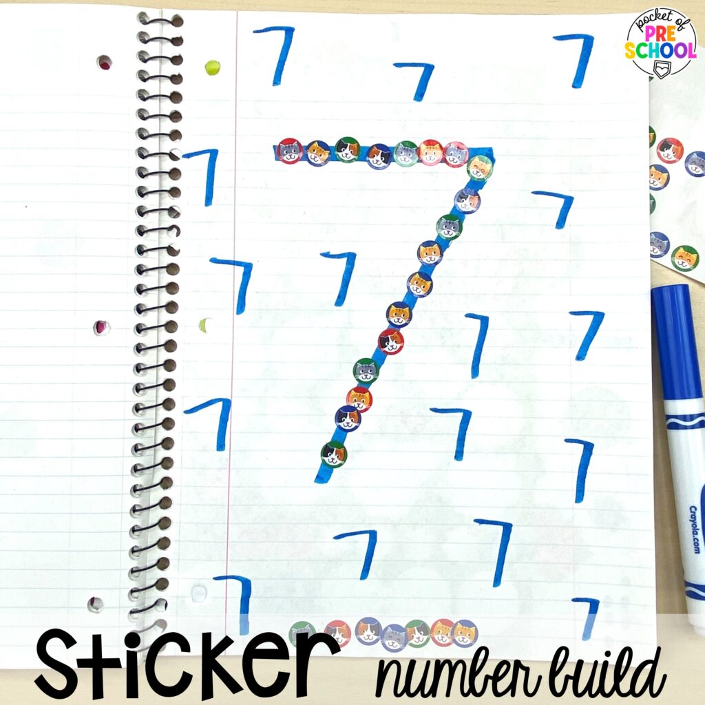 Sticker number build! Number counting mats - build the number and write it! Easy way to make learning numbers and handwriting fun for preschool, pre-k, and kindergarten #counting #numbers #handwriting #preschool #prek #kindergarten