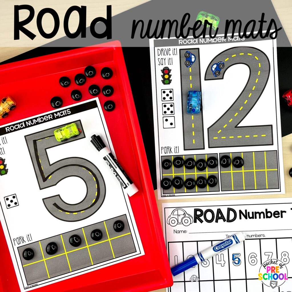 Road number build! Number counting mats - build the number and write it! Easy way to make learning numbers and handwriting fun for preschool, pre-k, and kindergarten #counting #numbers #handwriting #preschool #prek #kindergarten