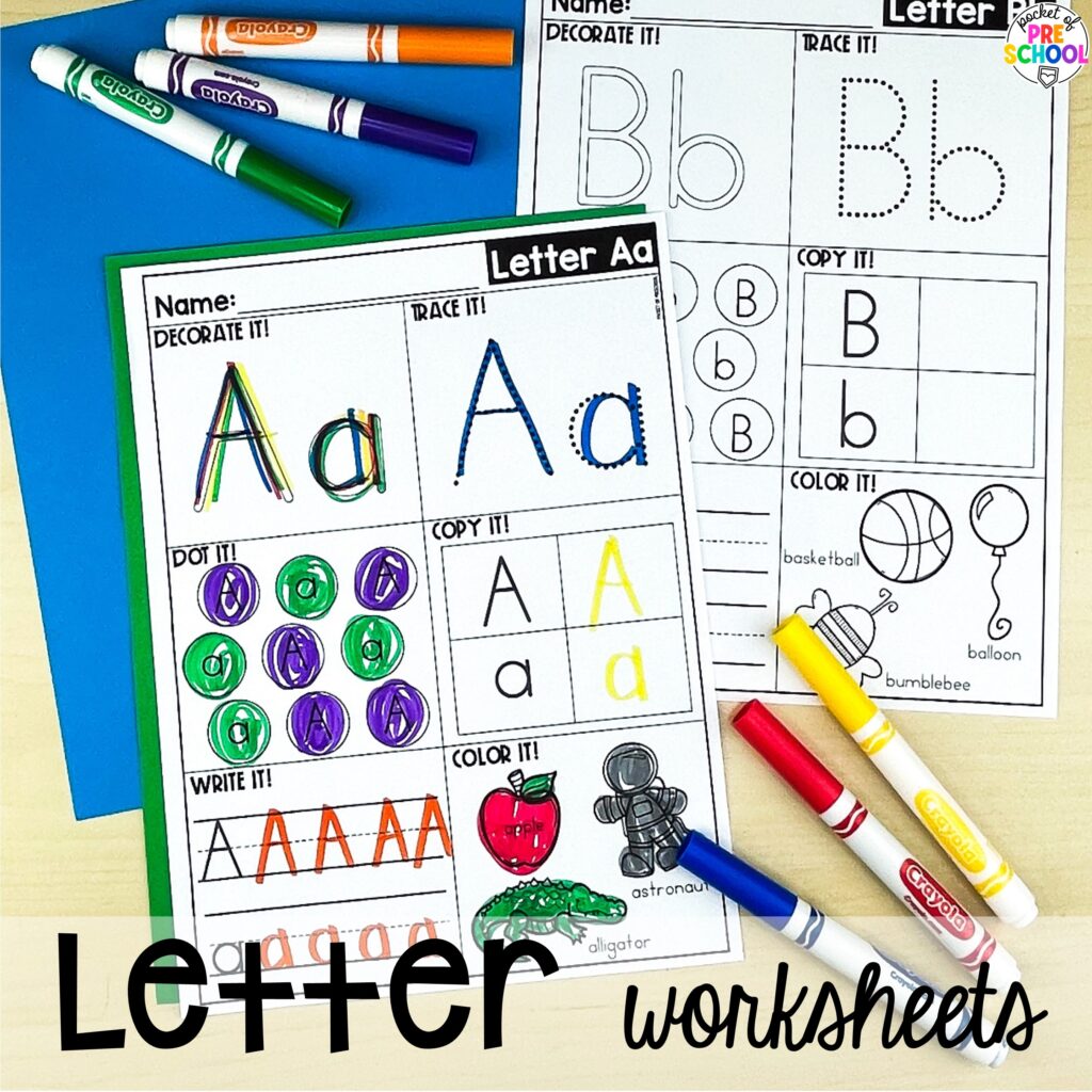 Alphabet worksheets for preschool, pre-k, and kindergarten students to practice letter formation, letter identification, and fine motor skills.