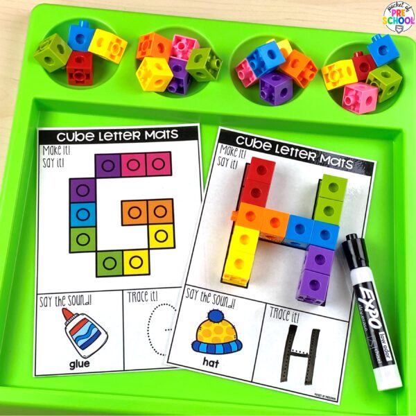 Practice letter formation and identification while building letters with snap cubes.