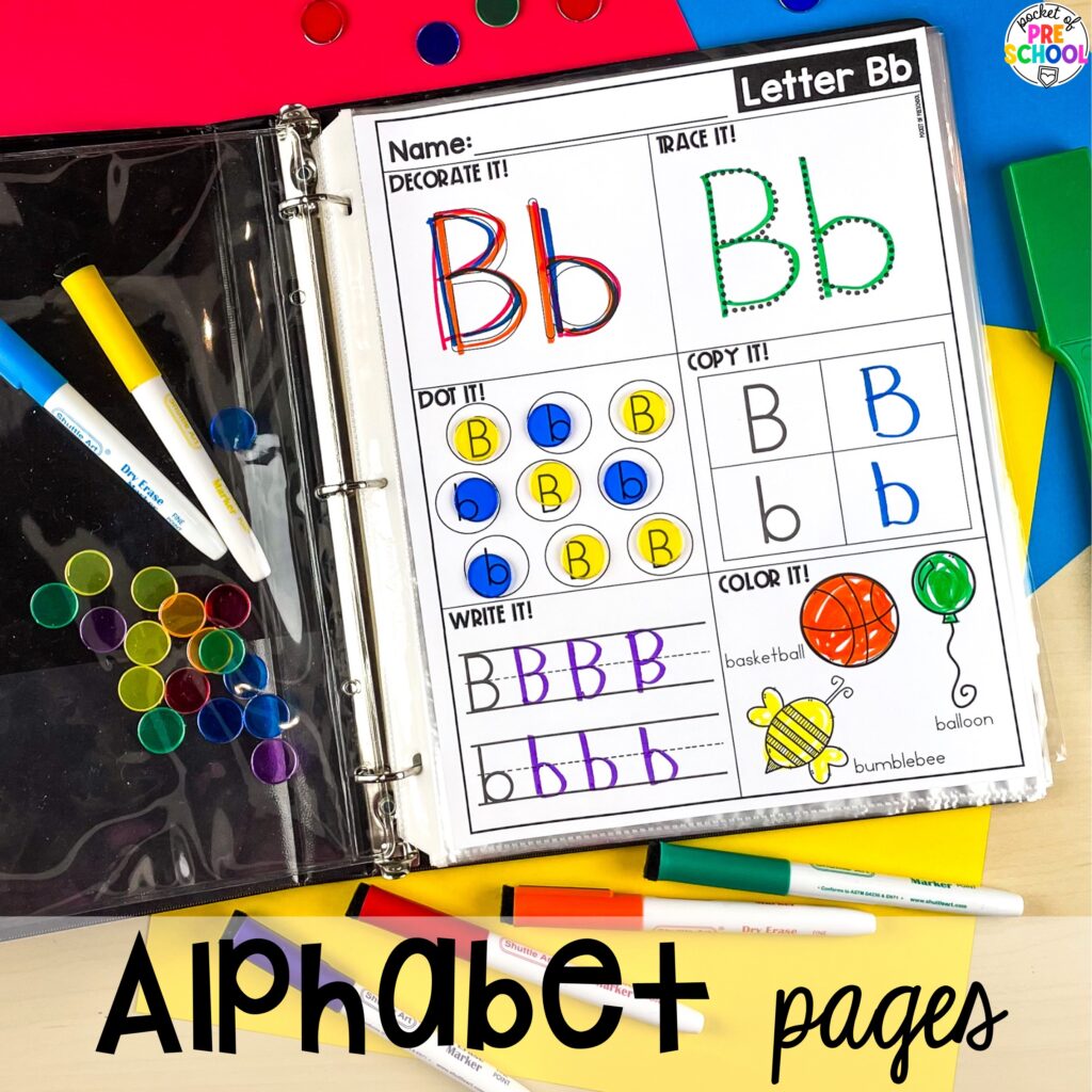 Alphabet worksheets for preschool, pre-k, and kindergarten students to practice letter formation, letter identification, and fine motor skills.