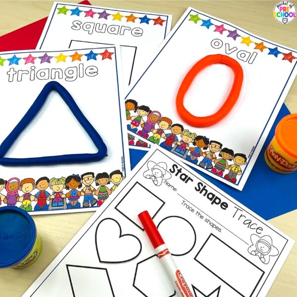 Practice shape formation and identification while building shapes on these play dough mats.