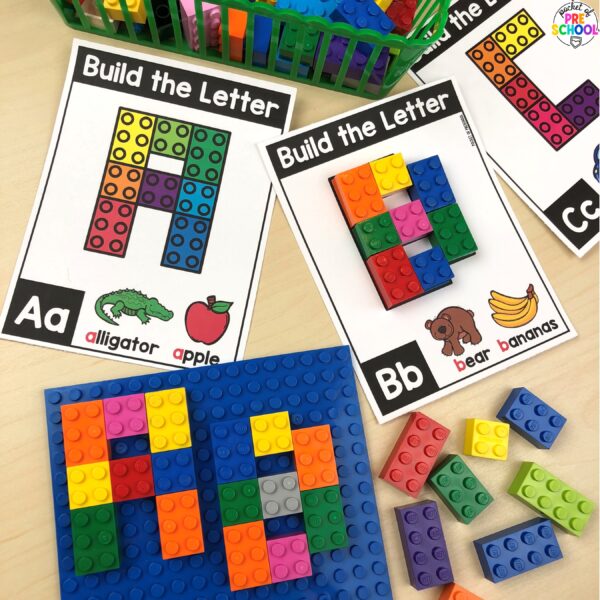 Practice letter formation and identification while building letters with Lego bricks.