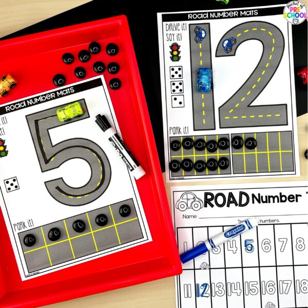 Practice number formation and identification while building numbers on these road number mats.