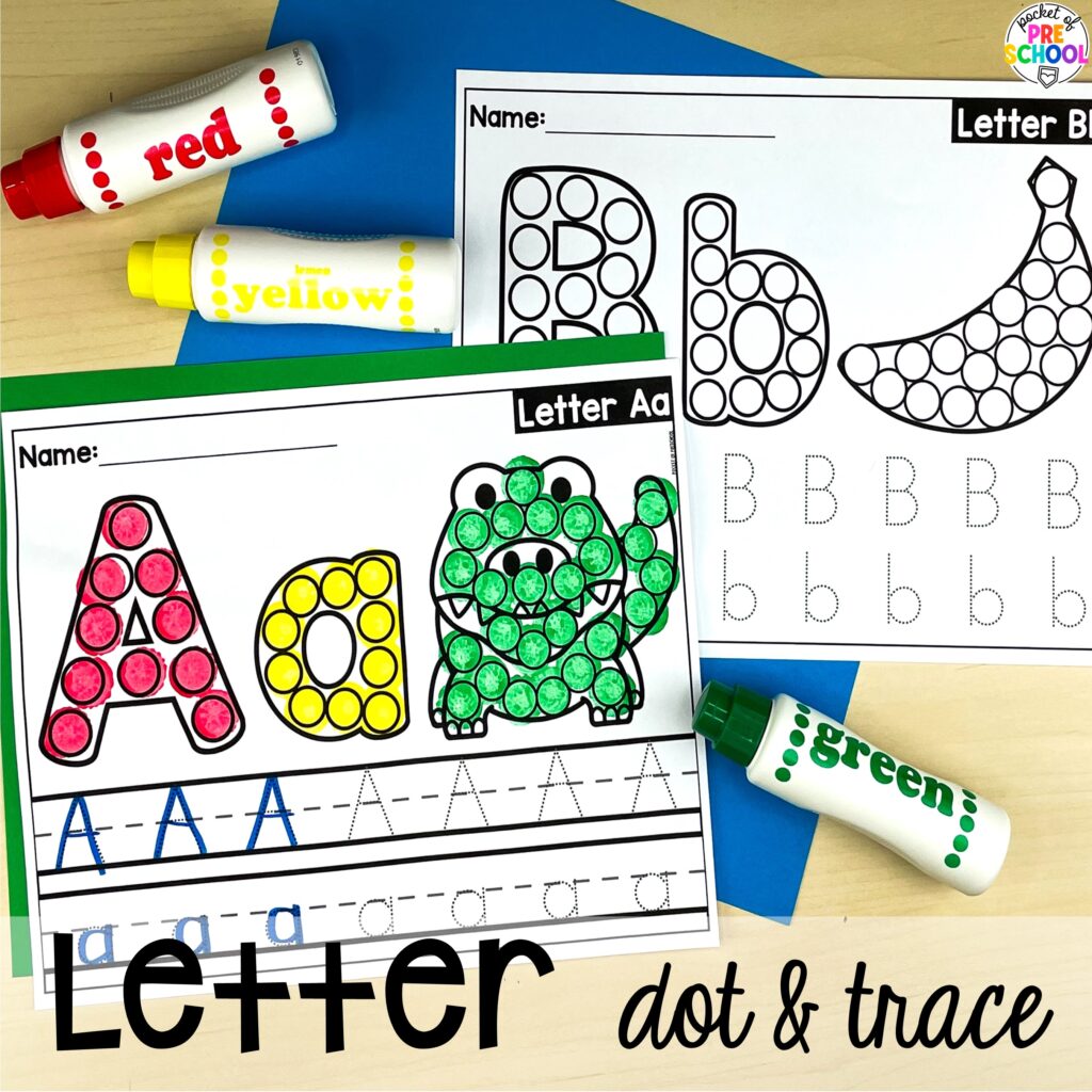 Letter dot & trace! Alphabet worksheets for preschool, pre-k, and kindergarten students to practice letter formation, letter identification, and fine motor skills.