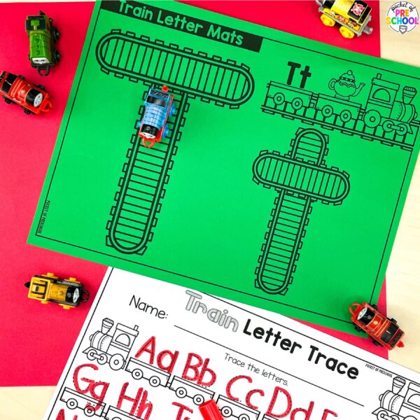Practice letter formation and identification while building letters on these train mats.