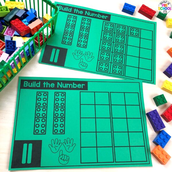 Practice number formation and identification while building numbers on these Lego brick mats.