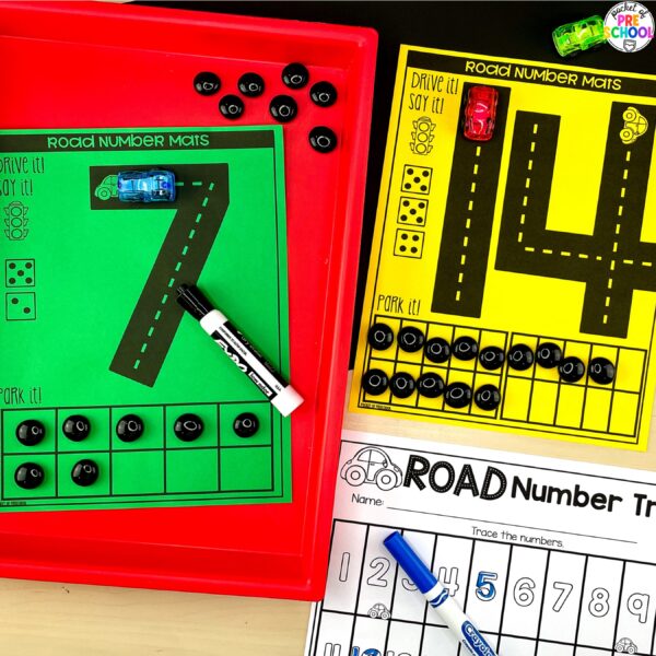 Practice number formation and identification while building numbers on these road number mats.