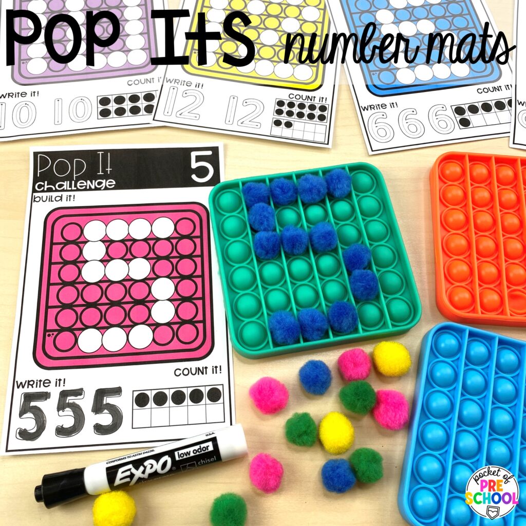 Pop it number build! Number counting mats - build the number and write it! Easy way to make learning numbers and handwriting fun for preschool, pre-k, and kindergarten #counting #numbers #handwriting #preschool #prek #kindergarten