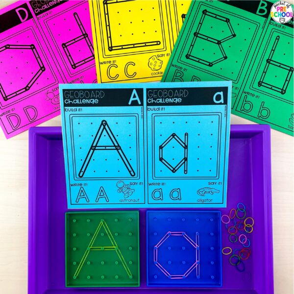 Practice letter formation and identification while building letters on these geoboard mats.