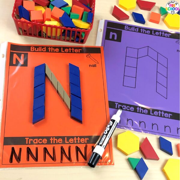 Practice letter formation and identification while building letters on these pattern block mats.
