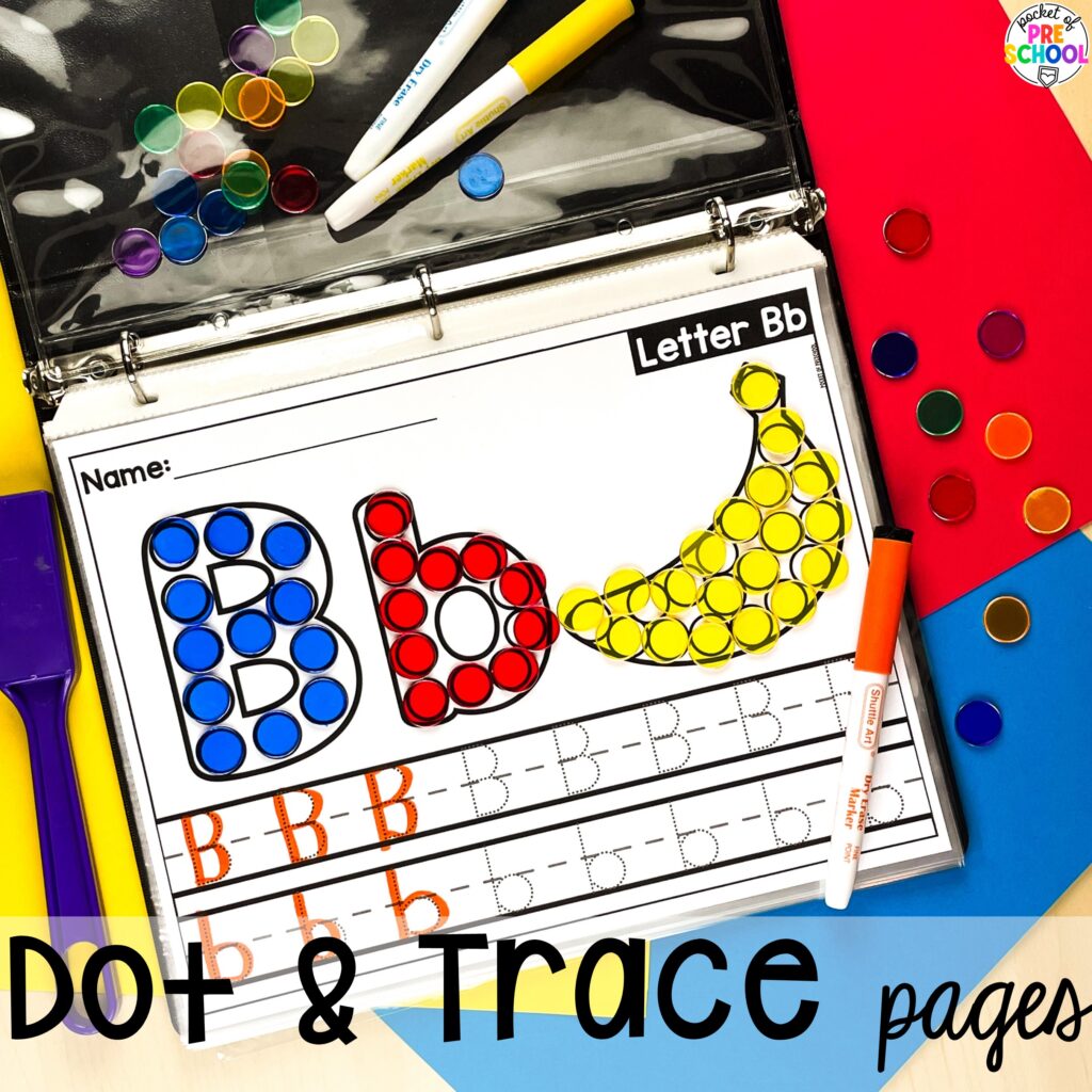 Dot & trace pages! Alphabet worksheets for preschool, pre-k, and kindergarten students to practice letter formation, letter identification, and fine motor skills.