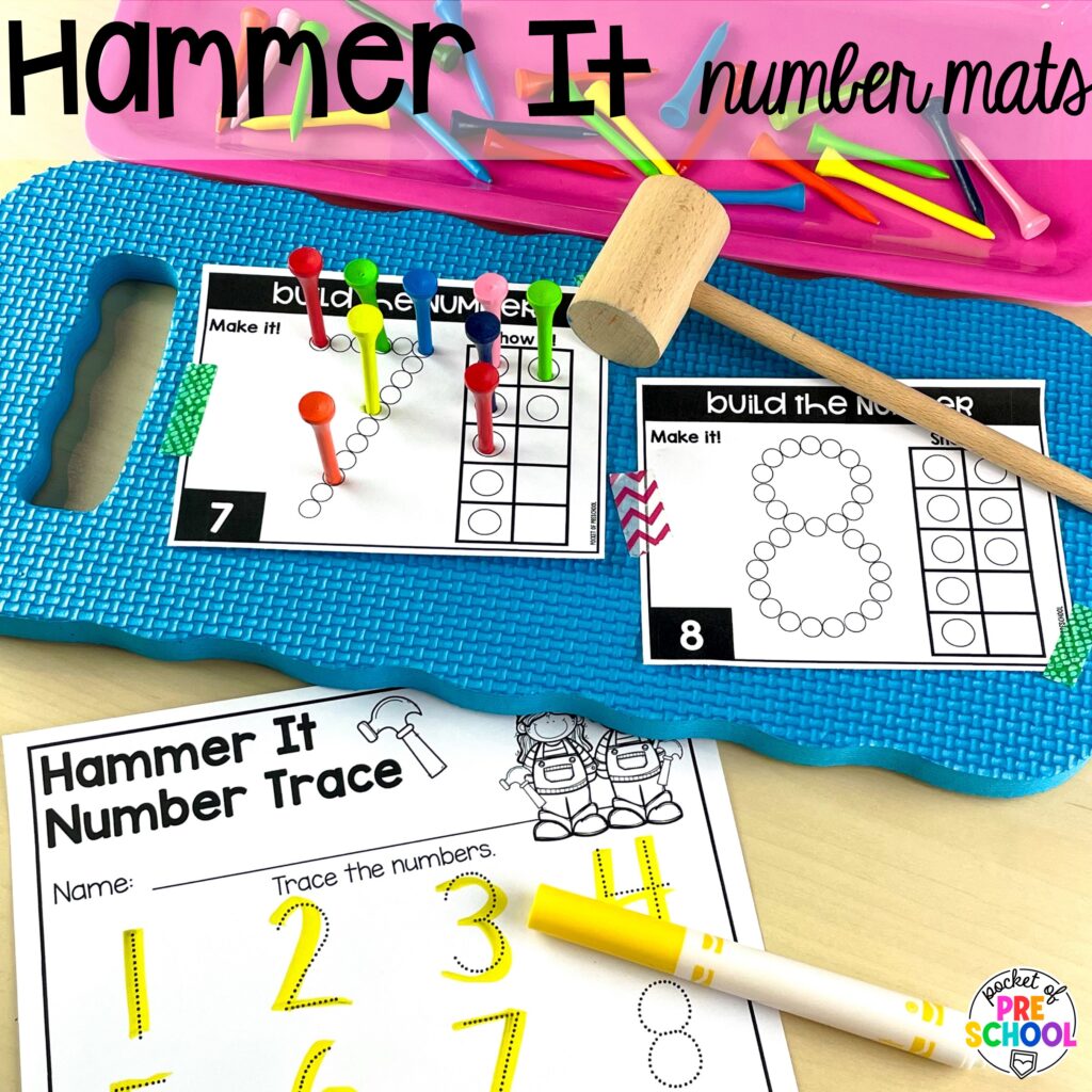 Hammer it number build! Number counting mats - build the number and write it! Easy way to make learning numbers and handwriting fun for preschool, pre-k, and kindergarten #counting #numbers #handwriting #preschool #prek #kindergarten