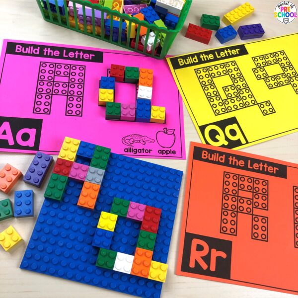 Practice letter formation and identification while building letters with Lego bricks.