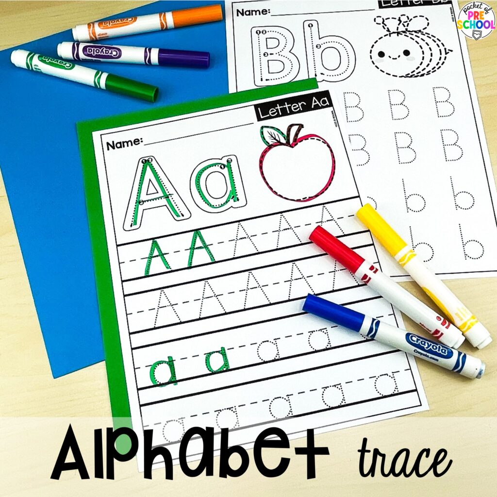 Alphabet worksheets for preschool, pre-k, and kindergarten students to practice letter formation, letter identification, and fine motor skills.