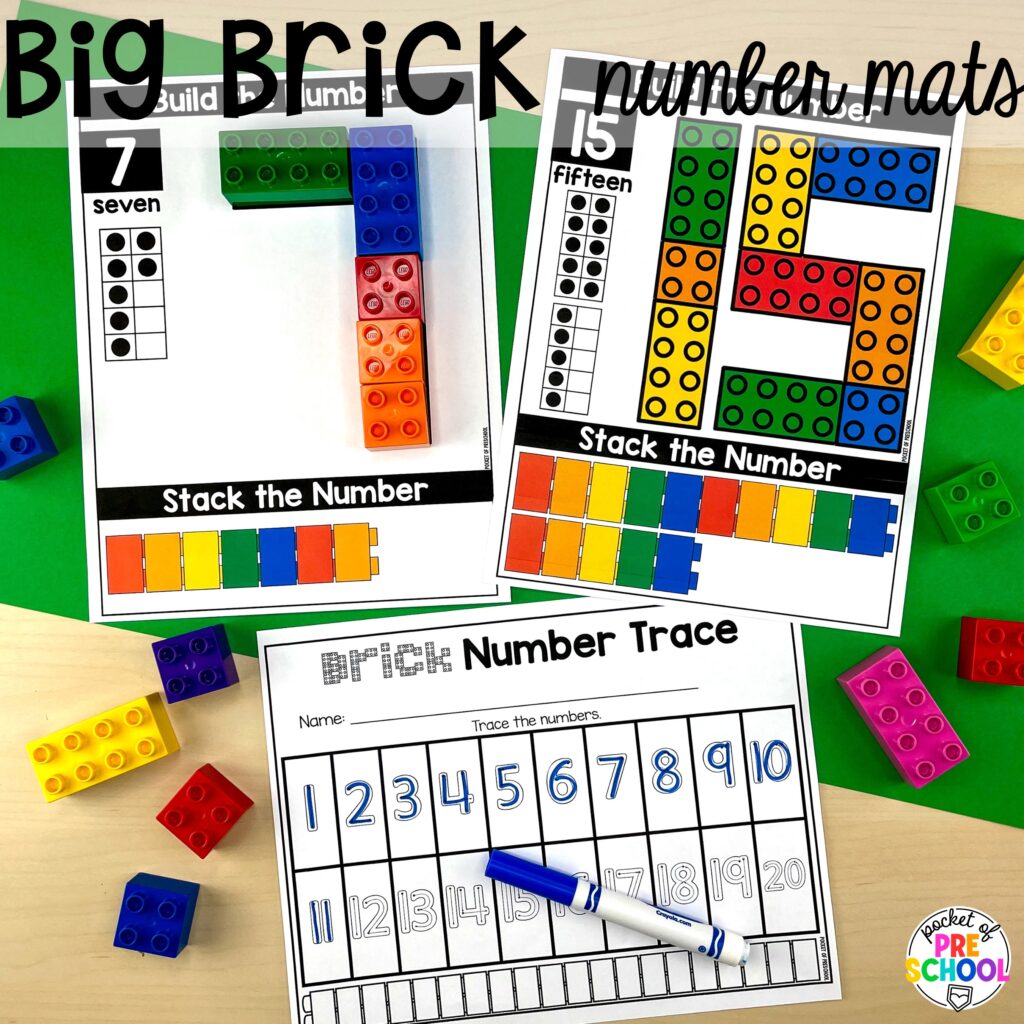 Big brick number build! Number counting mats - build the number and write it! Easy way to make learning numbers and handwriting fun for preschool, pre-k, and kindergarten #counting #numbers #handwriting #preschool #prek #kindergarten