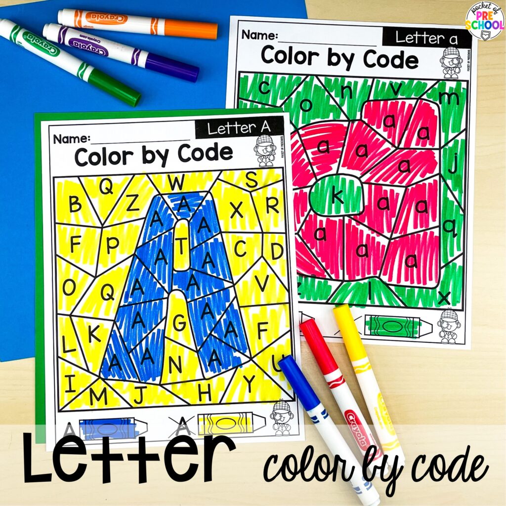 Letter color by code! Alphabet worksheets for preschool, pre-k, and kindergarten students to practice letter formation, letter identification, and fine motor skills.