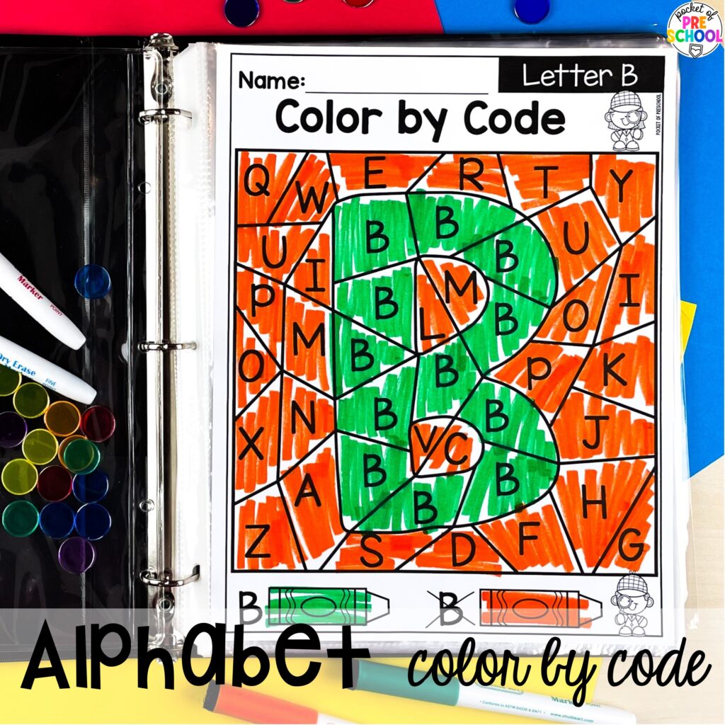 Alphabet color by code! Alphabet worksheets for preschool, pre-k, and kindergarten students to practice letter formation, letter identification, and fine motor skills.