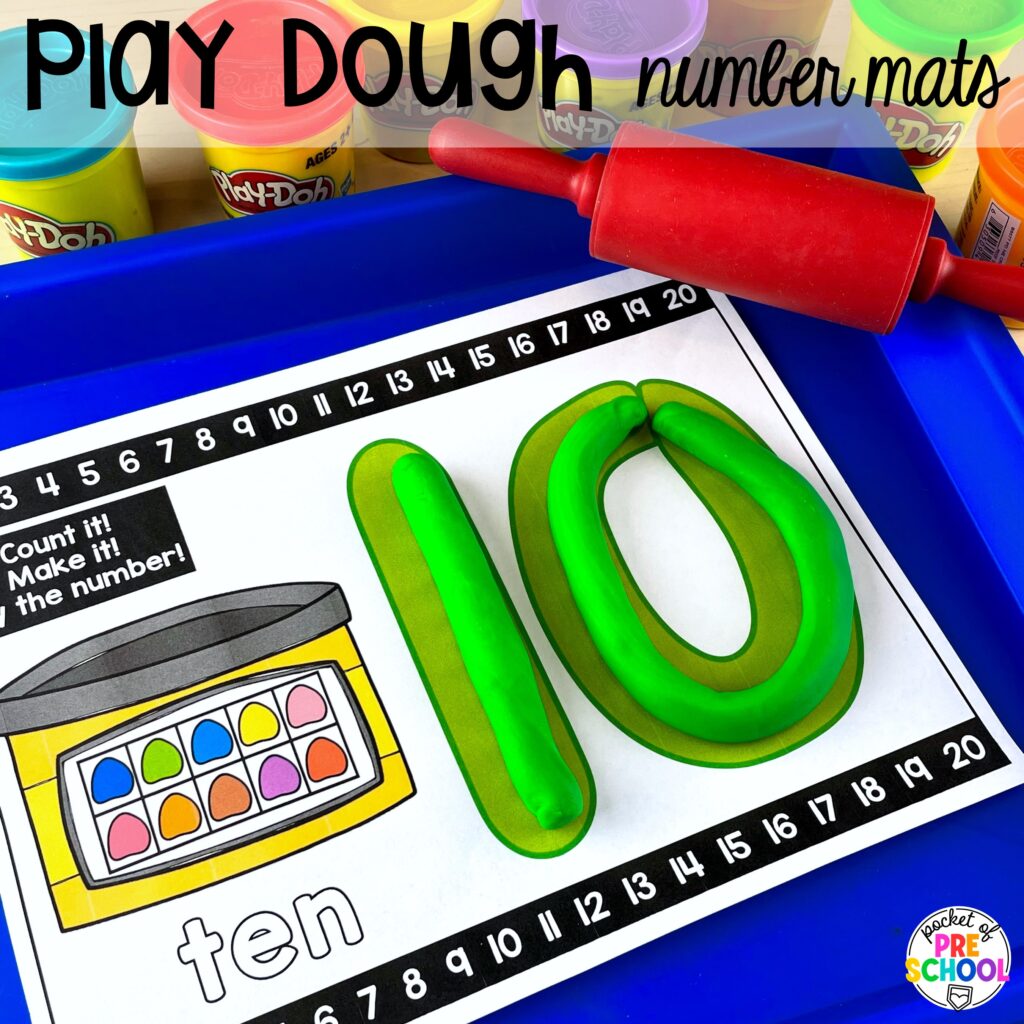 Play dough number build! Number counting mats - build the number and write it! Easy way to make learning numbers and handwriting fun for preschool, pre-k, and kindergarten #counting #numbers #handwriting #preschool #prek #kindergarten