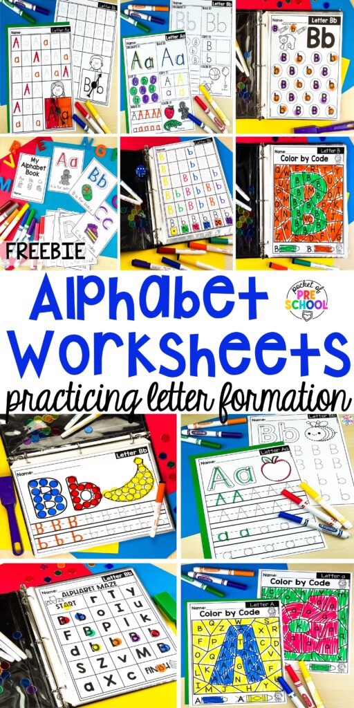 Alphabet worksheets for preschool, pre-k, and kindergarten students to practice letter formation, letter identification, and fine motor skills.