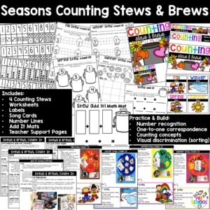 Counting stews for the seasons for preschool, pre-k, and kindergarten students. Practice, counting, addition, one-to-one correspondence, sorting, and more!