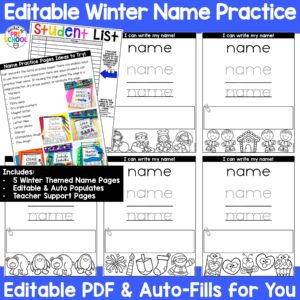 Practice letter formation and name spelling with these winter themed worksheets for preschool, pre-k, and kindergarten. They are editable and auto-populate the names on all the pages.