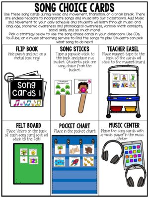 Song Cards are just what you need to add more movement to your day! My favorite way to use these song cards is during music and movement, transition, or a brain break.