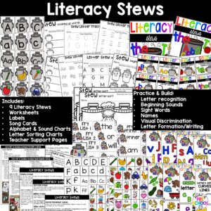 Literacy stews to practice letter identification, beginning sounds, sight words, names, and letter formation with preschool, pre-k, and kindergarten students.