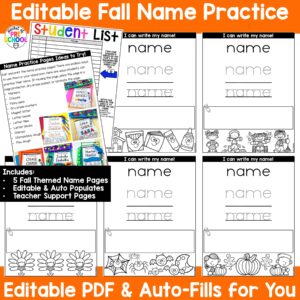 Practice letter formation and name spelling with these fall themed worksheets for preschool, pre-k, and kindergarten. They are editable and auto-populate the names on all the pages.