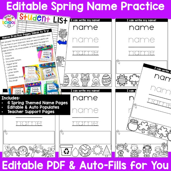 Practice letter formation and name spelling with these spring themed worksheets for preschool, pre-k, and kindergarten. They are editable and auto-populate the names on all the pages.
