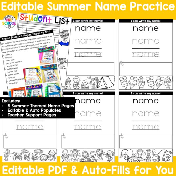 Practice letter formation and name spelling with these summer themed worksheets for preschool, pre-k, and kindergarten. They are editable and auto-populate the names on all the pages.