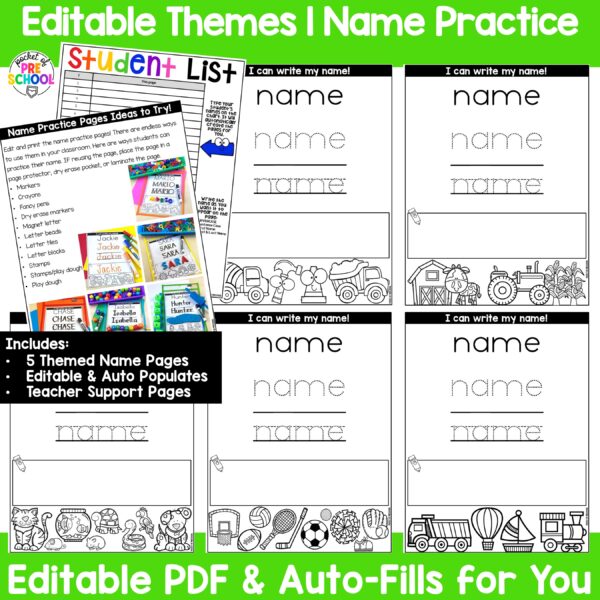 Practice letter formation and name spelling with these themed worksheets for preschool, pre-k, and kindergarten. They are editable and auto-populate the names on all the pages.