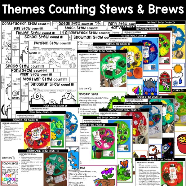 Counting stews for the themes for preschool, pre-k, and kindergarten students. Practice, counting, addition, one-to-one correspondence, sorting, and more!