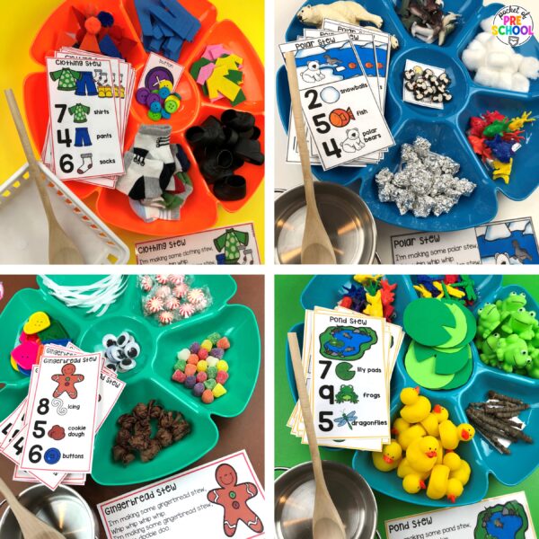 Counting stews for the themes for preschool, pre-k, and kindergarten students. Practice, counting, addition, one-to-one correspondence, sorting, and more!