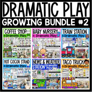Learn through PLAY with these engaging dramatic play transformations. Every dramatic play theme integrates social, math, language, literacy, math, health, social studies, and fine motor into their play and includes a planning web broken down by learning domains!
