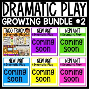 Learn through PLAY with these engaging dramatic play transformations. Every dramatic play theme integrates social, math, language, literacy, math, health, social studies, and fine motor into their play and includes a planning web broken down by learning domains!