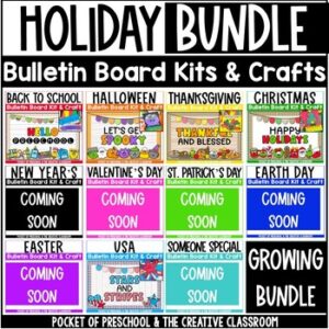 Create a cute holiday themed bulletin board for your preschool, pre-k, kindergarten, or first-grade classroom! Each bulletin board kid includes a simple craft which will fill each bulletin board with student work!