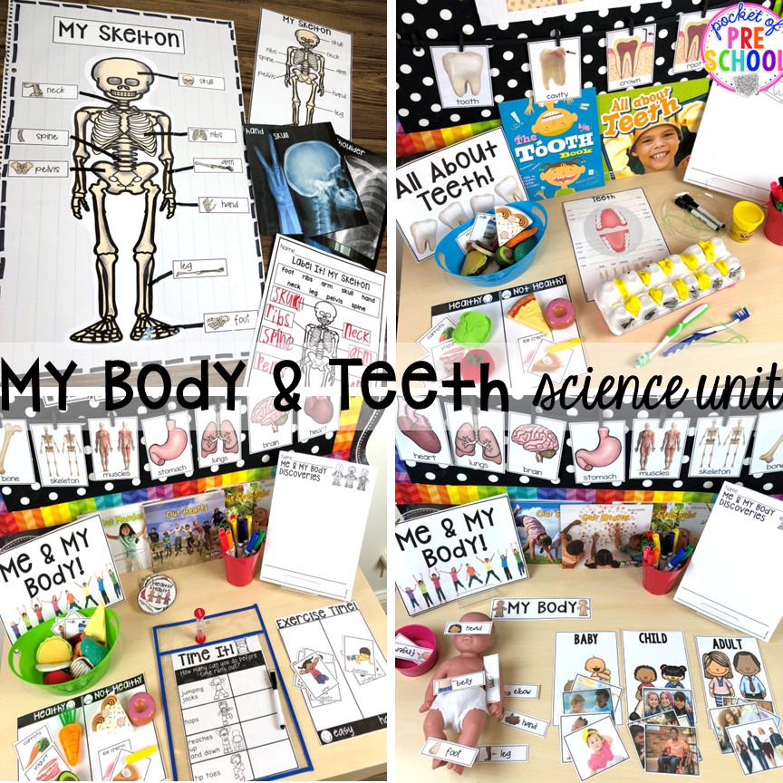 My body and teeth science! Plus tons more Food and nutrition centers for preschool, pre-k, and kindergarten. Reading, writing, math, fine motor, STEM, and art.