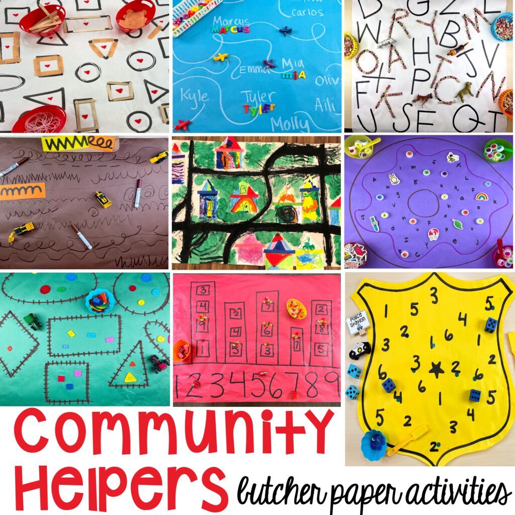 Community helpers butcher paper activities for literacy, math, and fine motor for preschool, pre-k, and kindergarten.