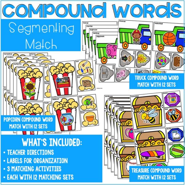 Compound Word Match Ups are a hands-on activity that teaches students to segment a compound word into two smaller words, strengthening their phonological awareness skills.