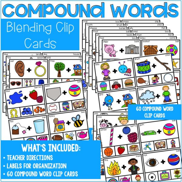 Compound Word Clip Cards are a hands-on activity that teaches students to blend two words together to create a compound word, strengthening their phonological awareness skills.