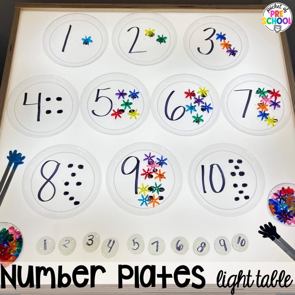 Number plates light table! Space activities and center ideas for preschool, pre-k, and kindergarten to blast off their learning potential!