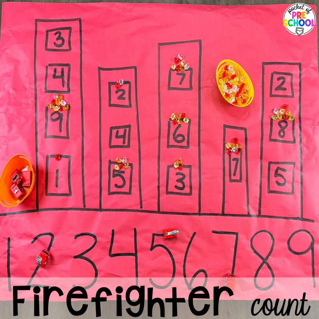 Firefighter count! Community helpers butcher paper activities for literacy, math, and fine motor for preschool, pre-k, and kindergarten.