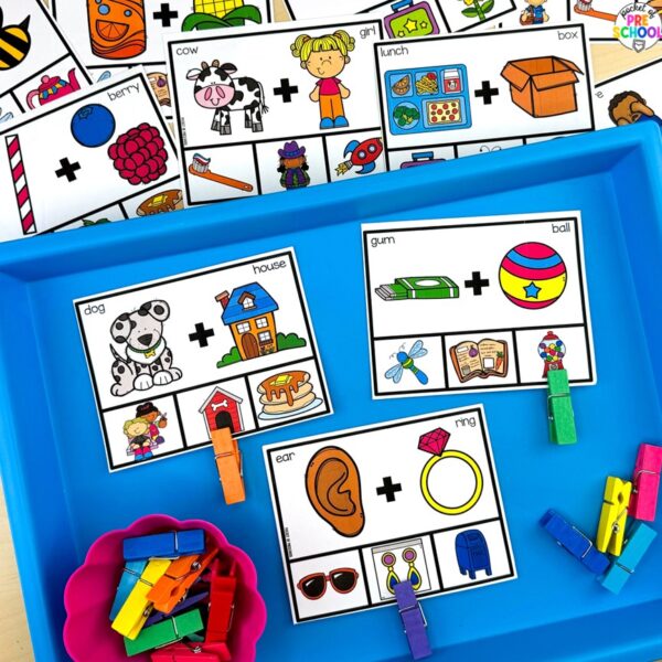 Compound Word Clip Cards are a hands-on activity that teaches students to blend two words together to create a compound word, strengthening their phonological awareness skills.